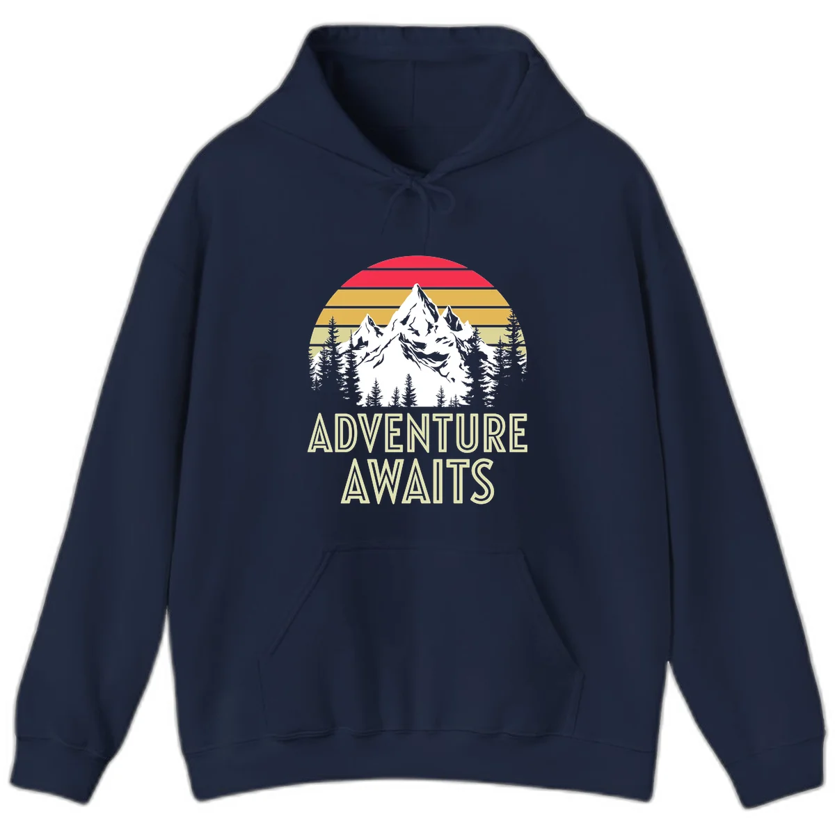 Retro adventure awaits design with snow mountains, evergreen forest, and layered sunset stripes in warm vintage colors in Navy