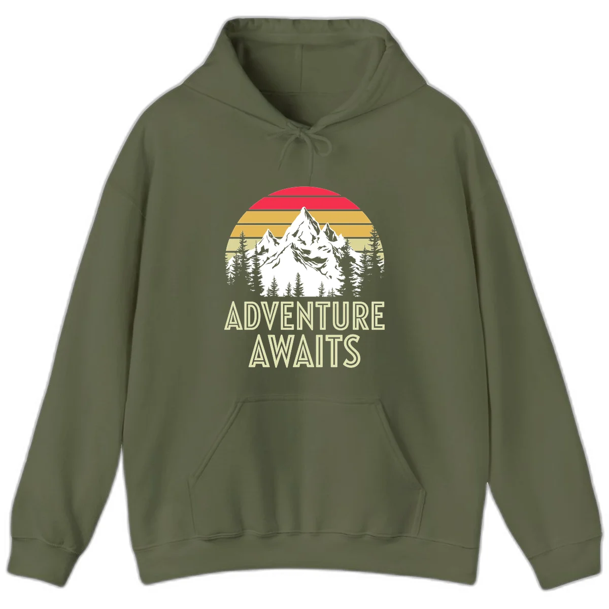 Retro adventure awaits design with snow mountains, evergreen forest, and layered sunset stripes in warm vintage colors in Military Green