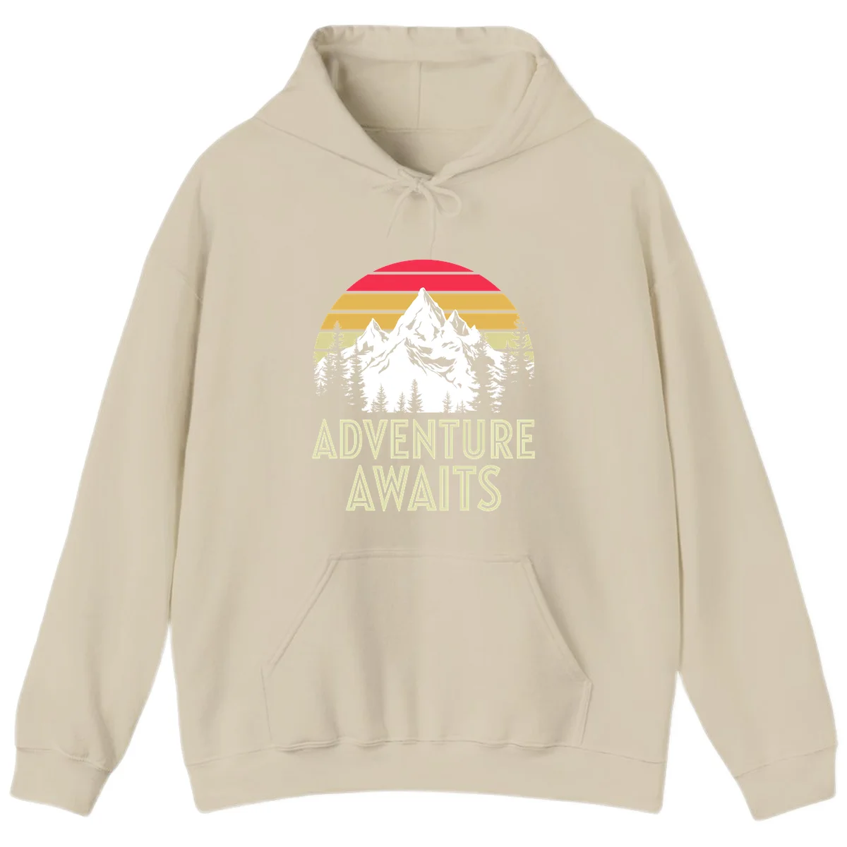 Retro adventure awaits design with snow mountains, evergreen forest, and layered sunset stripes in warm vintage colors in Sand