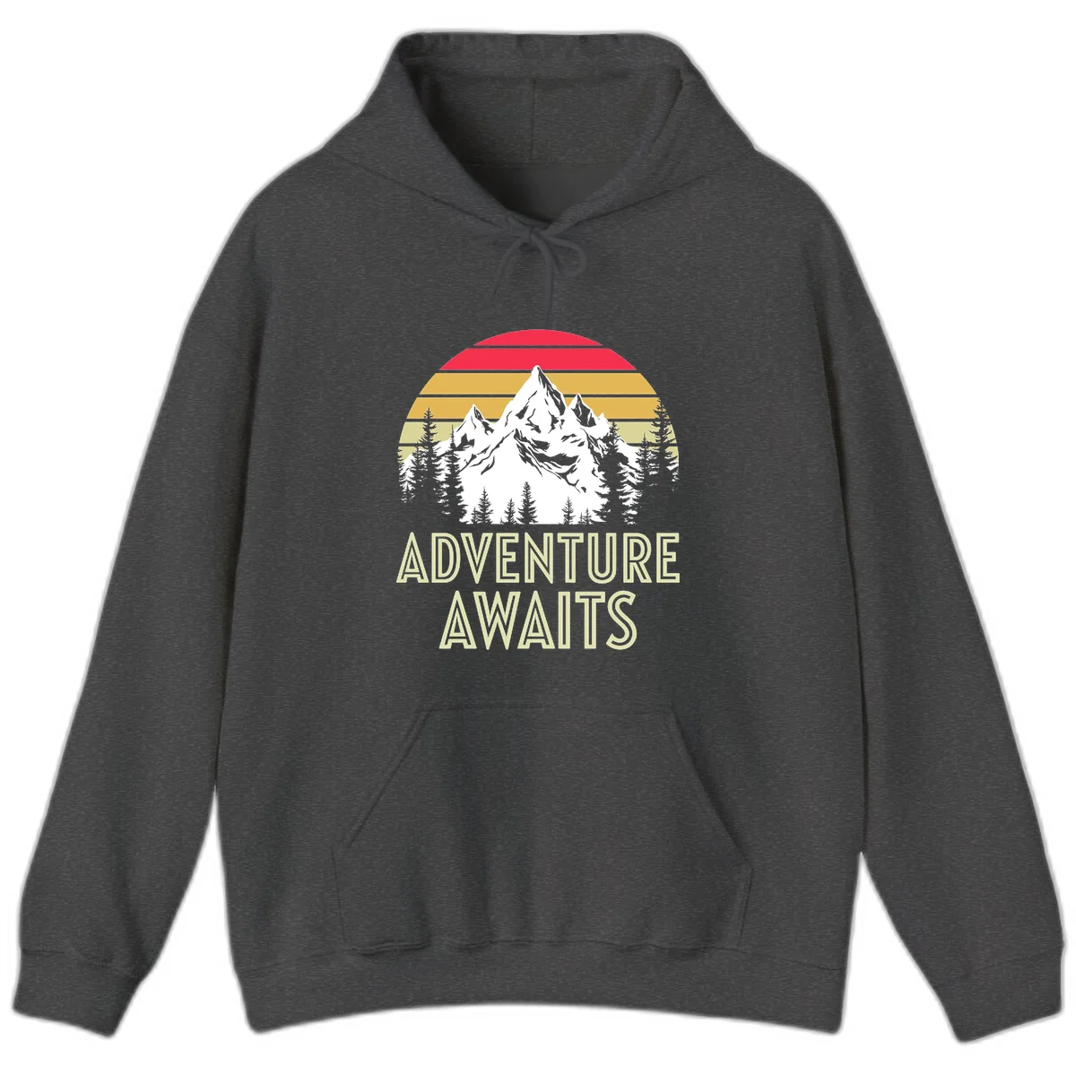 Retro adventure awaits design with snow mountains, evergreen forest, and layered sunset stripes in warm vintage colors in Dark Heather