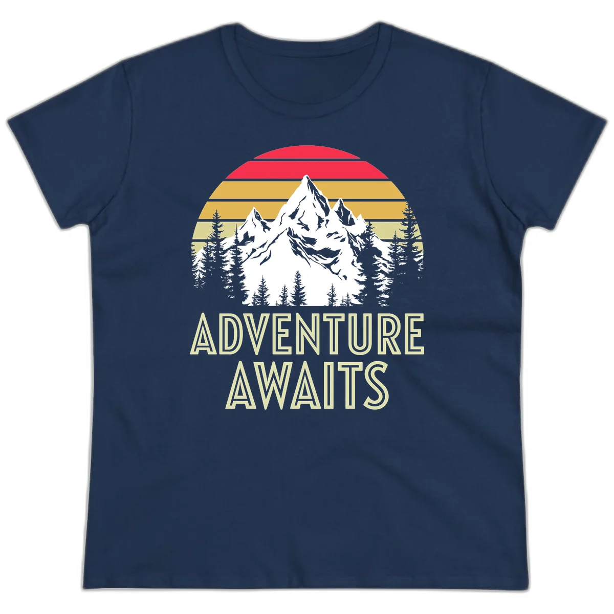 Retro adventure awaits design with snow mountains, evergreen forest, and layered sunset stripes in warm vintage colors in Navy