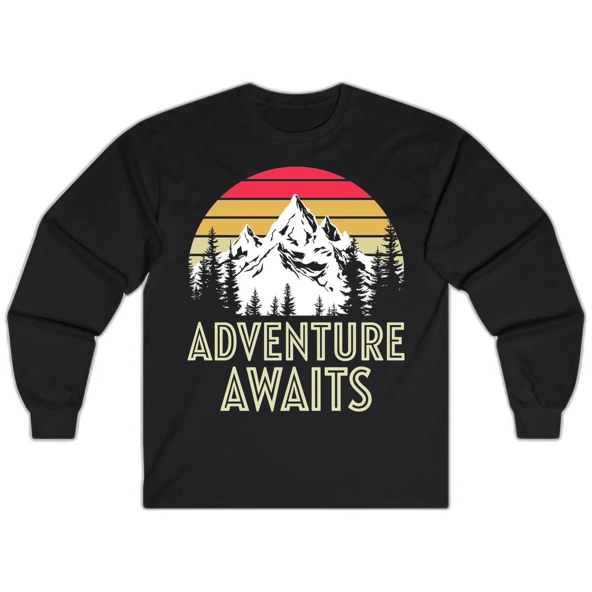 Retro adventure awaits design with snow mountains, evergreen forest, and layered sunset stripes in warm vintage colors in Black