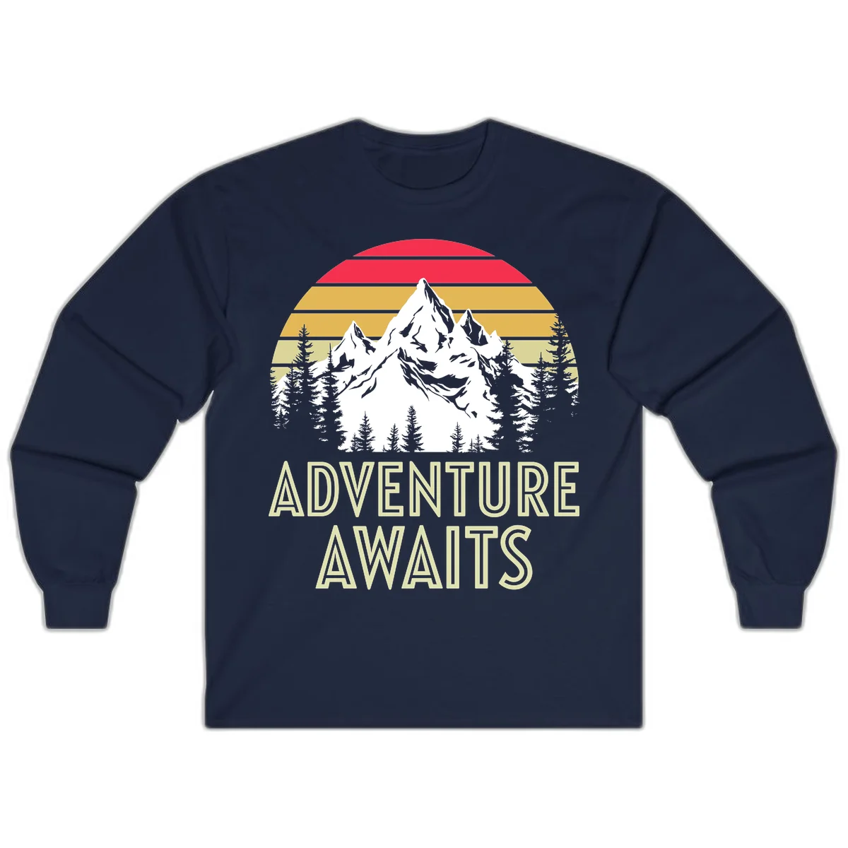 Retro adventure awaits design with snow mountains, evergreen forest, and layered sunset stripes in warm vintage colors in Navy