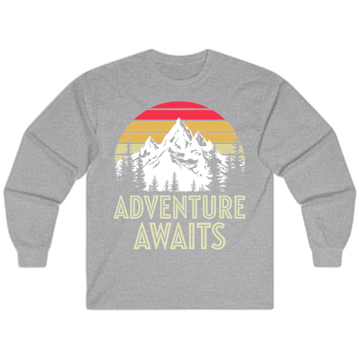 Retro adventure awaits design with snow mountains, evergreen forest, and layered sunset stripes in warm vintage colors in Sport Grey