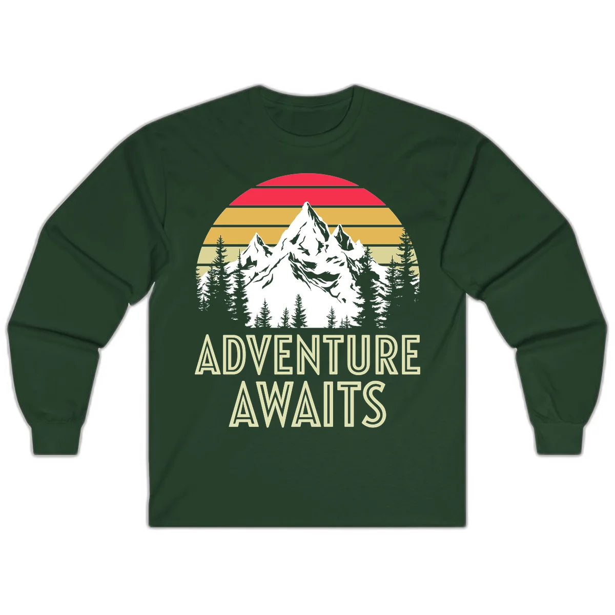 Retro adventure awaits design with snow mountains, evergreen forest, and layered sunset stripes in warm vintage colors in Forest Green