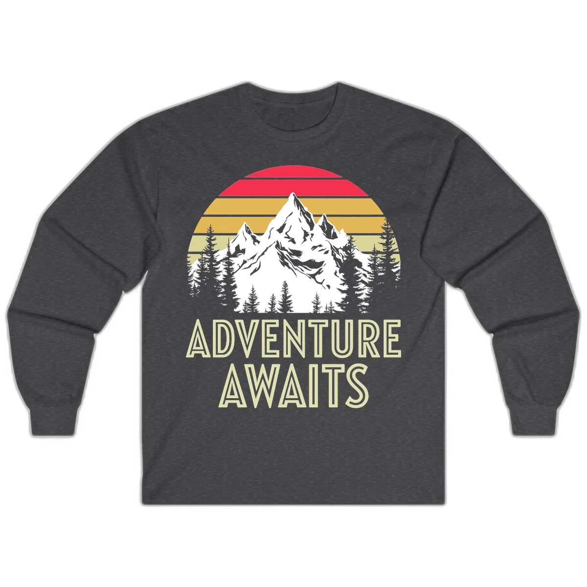Retro adventure awaits design with snow mountains, evergreen forest, and layered sunset stripes in warm vintage colors in Dark Heather