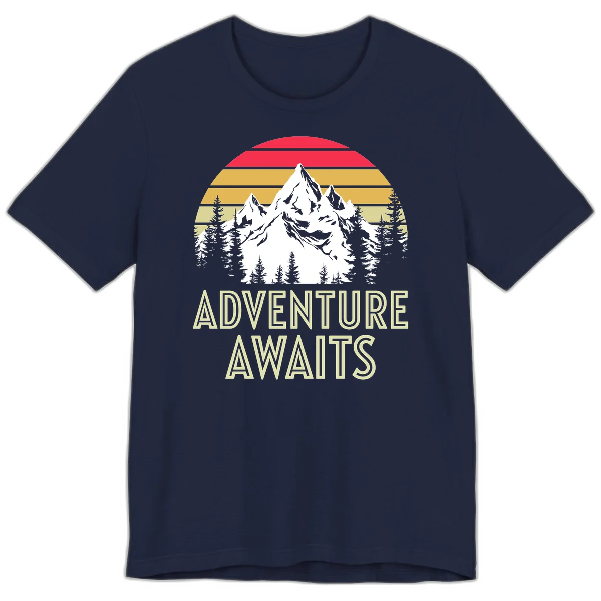 Retro adventure awaits design with snow mountains, evergreen forest, and layered sunset stripes in warm vintage colors in Navy