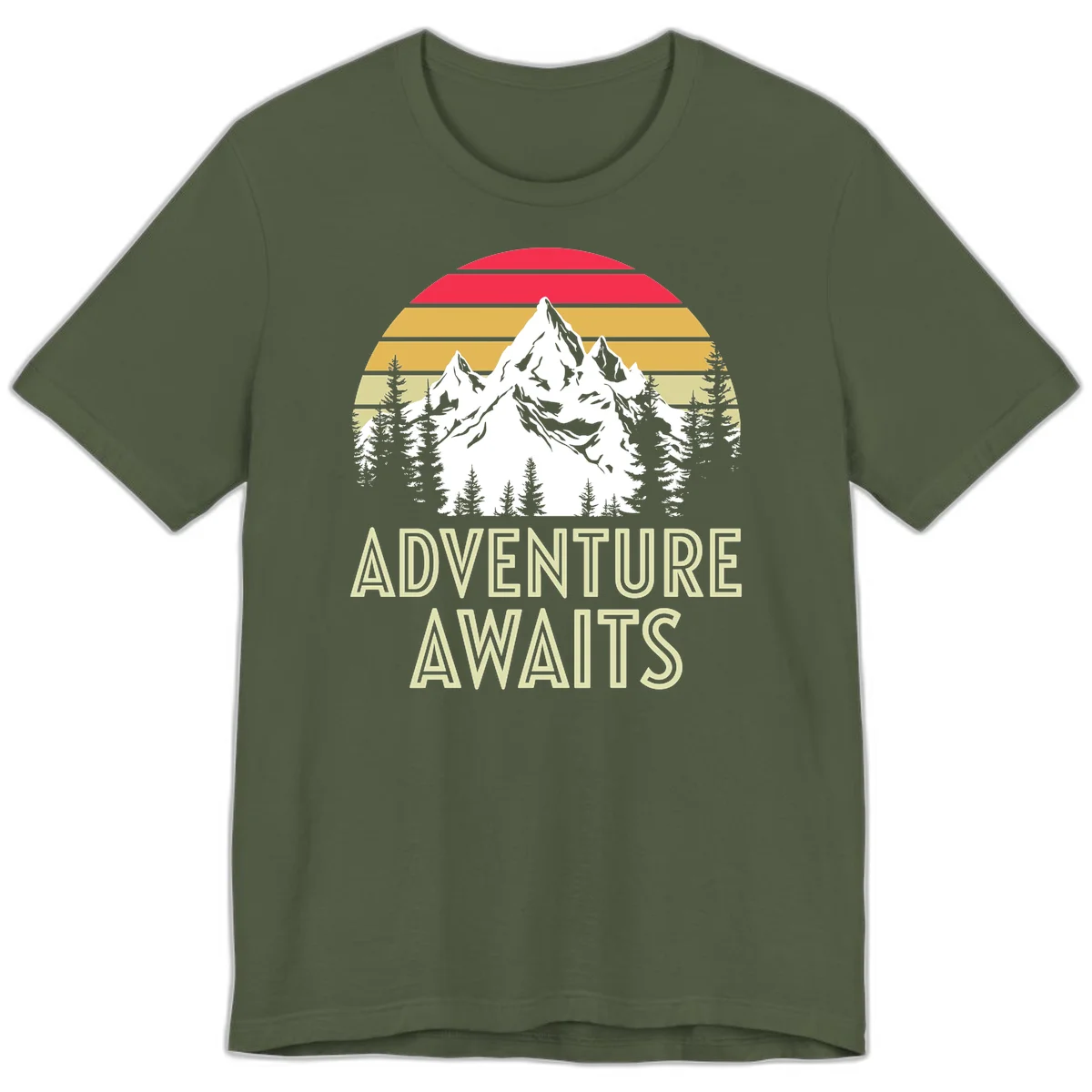 Retro adventure awaits design with snow mountains, evergreen forest, and layered sunset stripes in warm vintage colors in Military Green