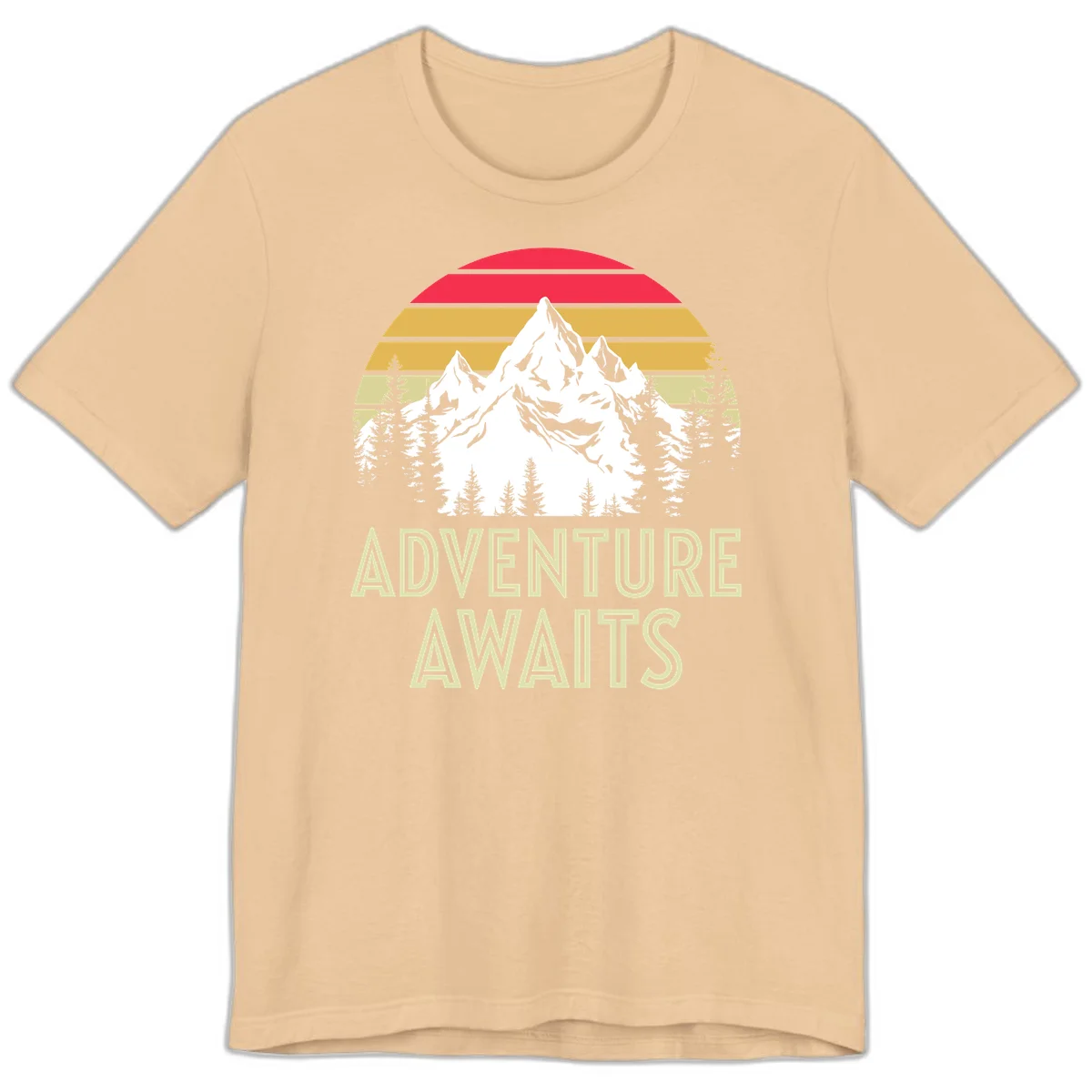 Retro adventure awaits design with snow mountains, evergreen forest, and layered sunset stripes in warm vintage colors in Sand Dune