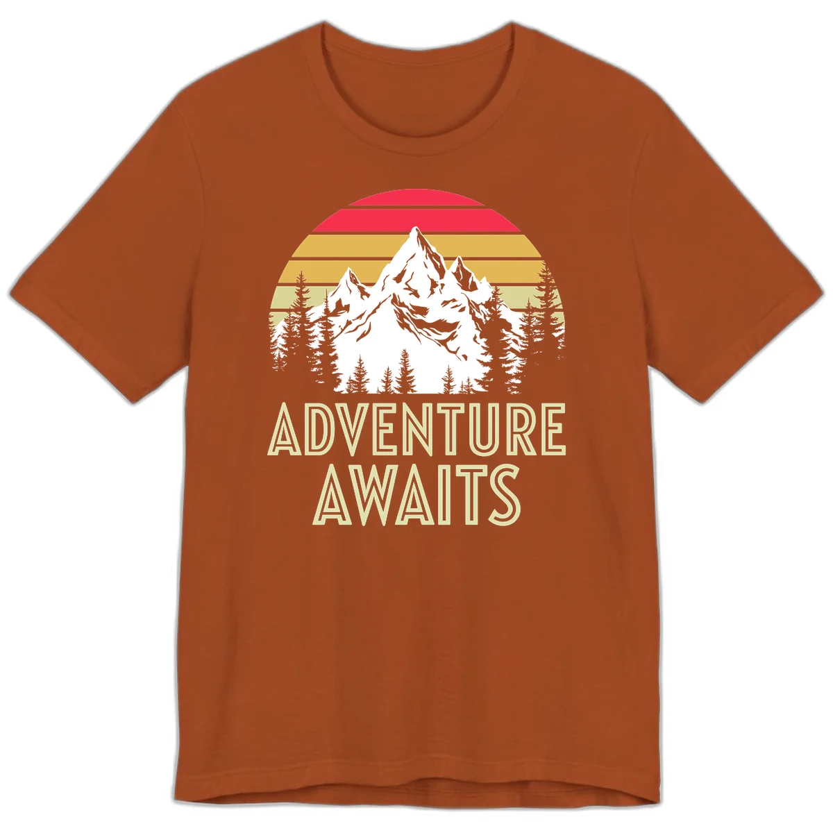 Retro adventure awaits design with snow mountains, evergreen forest, and layered sunset stripes in warm vintage colors in Autumn