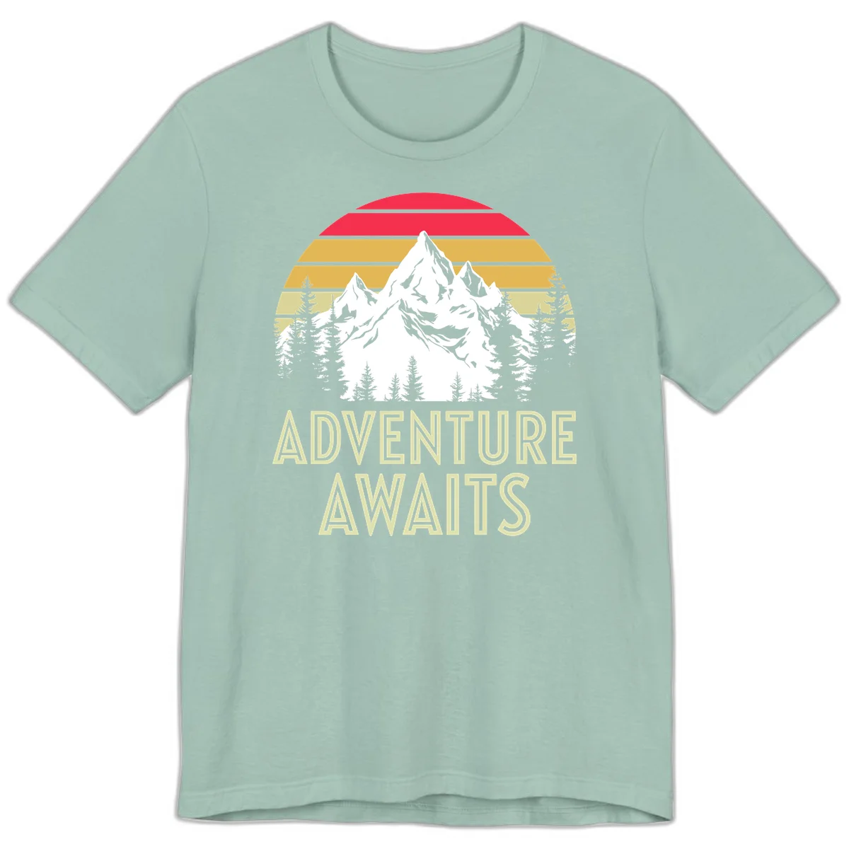 Retro adventure awaits design with snow mountains, evergreen forest, and layered sunset stripes in warm vintage colors in Dusty Blue