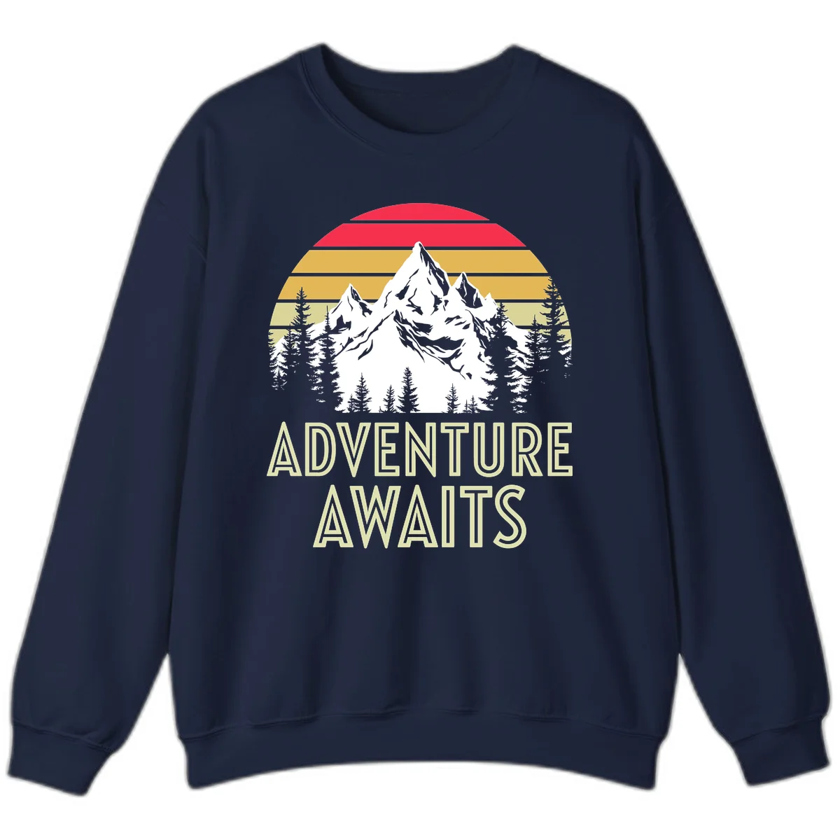 Retro adventure awaits design with snow mountains, evergreen forest, and layered sunset stripes in warm vintage colors in Navy