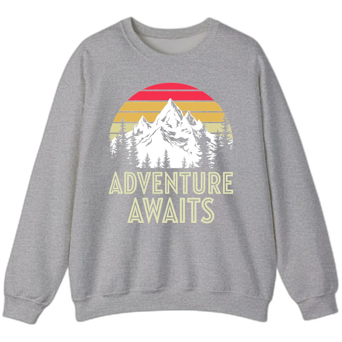 Retro adventure awaits design with snow mountains, evergreen forest, and layered sunset stripes in warm vintage colors in Sport Grey