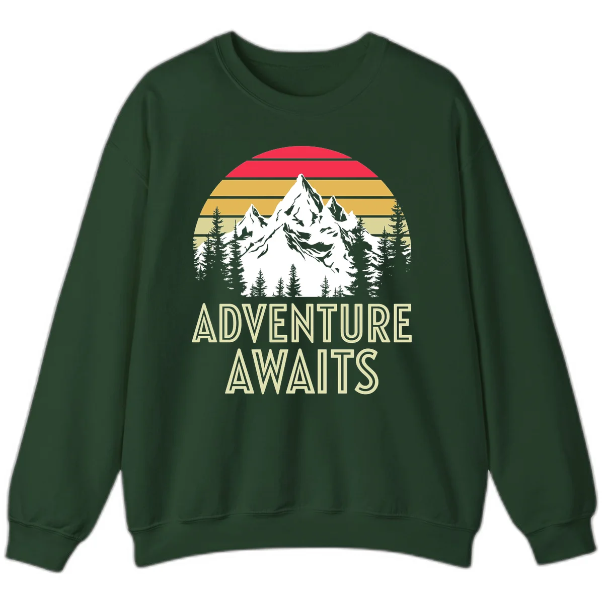 Retro adventure awaits design with snow mountains, evergreen forest, and layered sunset stripes in warm vintage colors in Forest Green