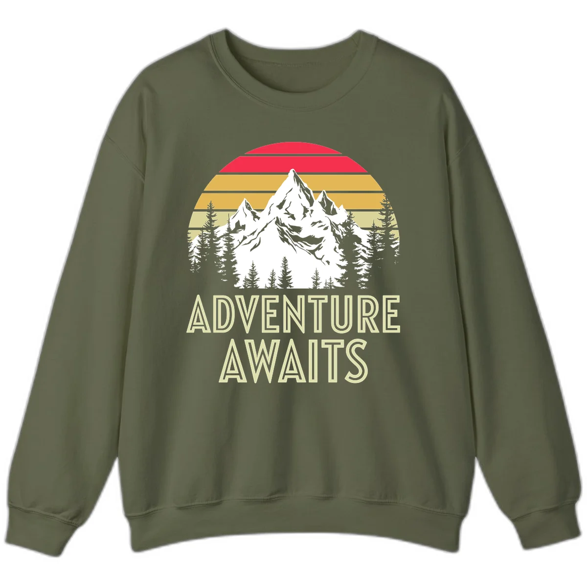 Retro adventure awaits design with snow mountains, evergreen forest, and layered sunset stripes in warm vintage colors in Military Green