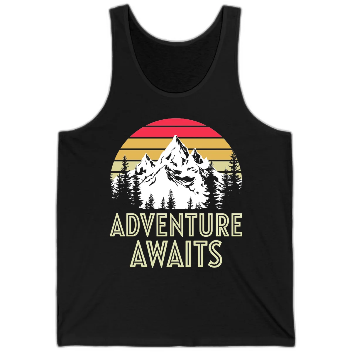 Retro adventure awaits design with snow mountains, evergreen forest, and layered sunset stripes in warm vintage colors in Black