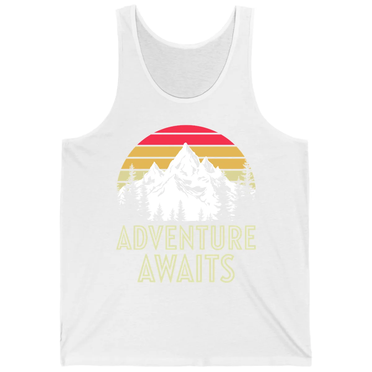 Retro adventure awaits design with snow mountains, evergreen forest, and layered sunset stripes in warm vintage colors in White