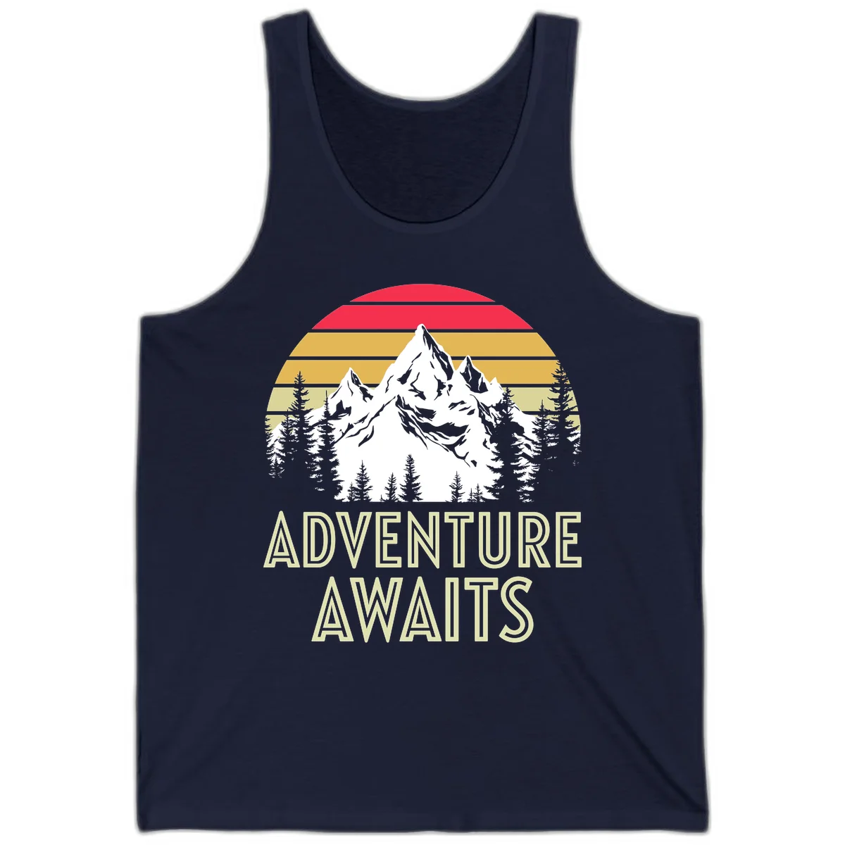 Retro adventure awaits design with snow mountains, evergreen forest, and layered sunset stripes in warm vintage colors in Navy