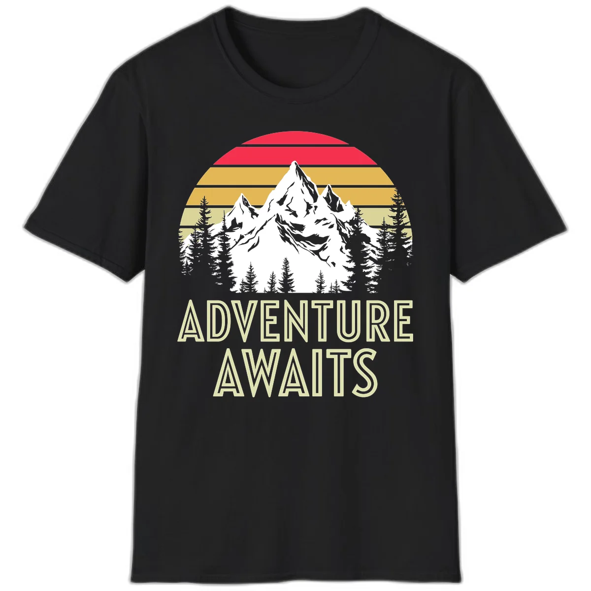 Retro adventure awaits design with snow mountains, evergreen forest, and layered sunset stripes in warm vintage colors in Black