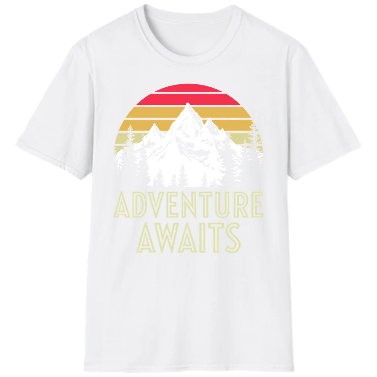 Retro adventure awaits design with snow mountains, evergreen forest, and layered sunset stripes in warm vintage colors in White