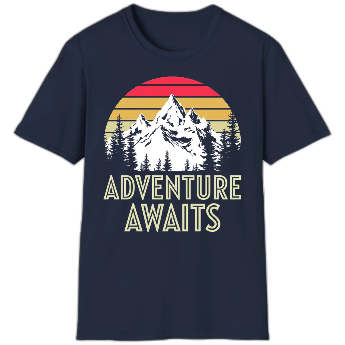 Retro adventure awaits design with snow mountains, evergreen forest, and layered sunset stripes in warm vintage colors in Navy