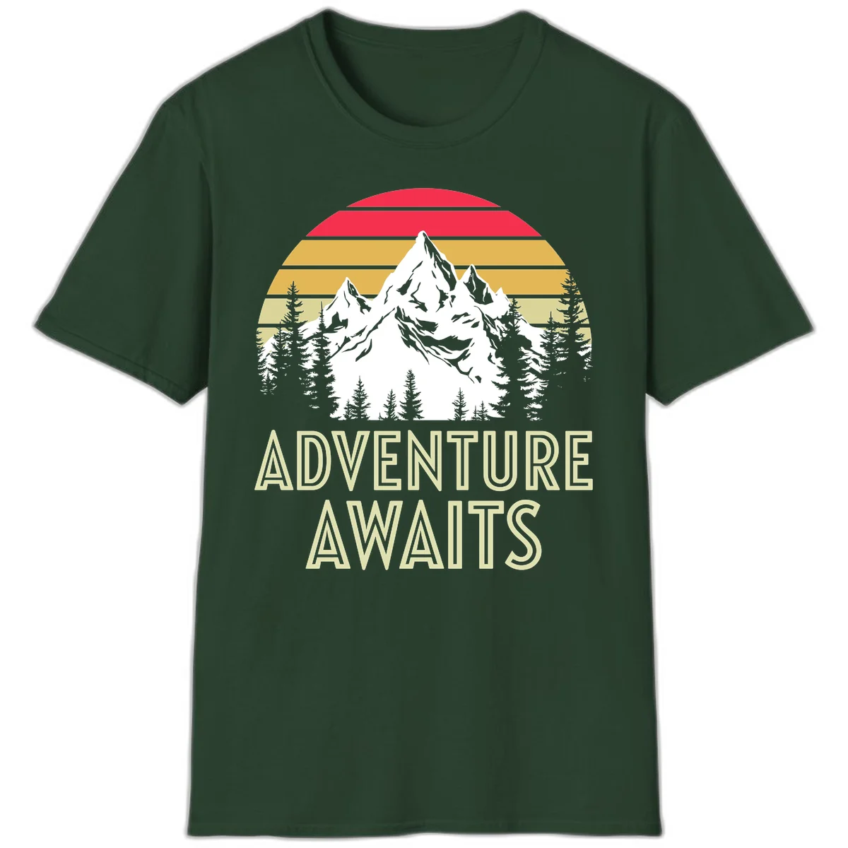 Retro adventure awaits design with snow mountains, evergreen forest, and layered sunset stripes in warm vintage colors in Forest Green