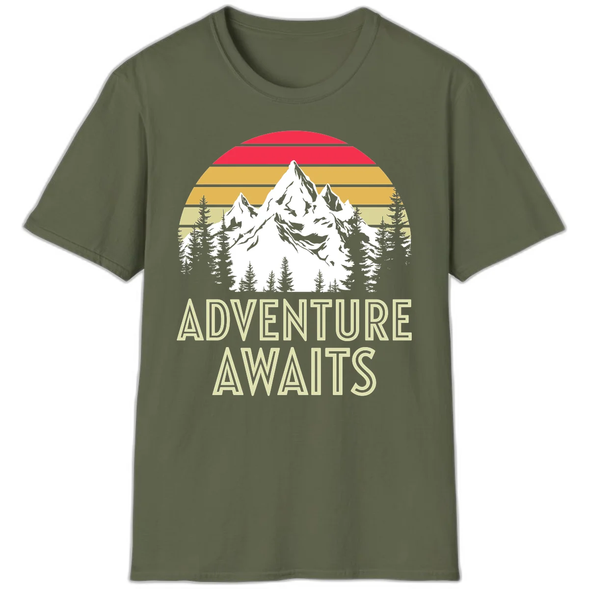 Retro adventure awaits design with snow mountains, evergreen forest, and layered sunset stripes in warm vintage colors in Military Green