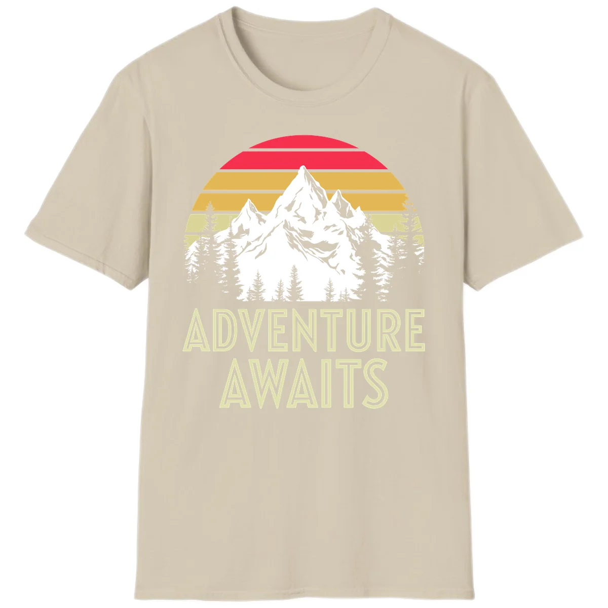 Retro adventure awaits design with snow mountains, evergreen forest, and layered sunset stripes in warm vintage colors in Sand