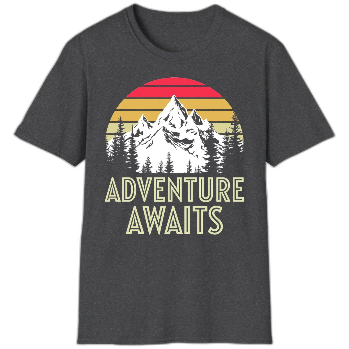 Retro adventure awaits design with snow mountains, evergreen forest, and layered sunset stripes in warm vintage colors in Dark Heather