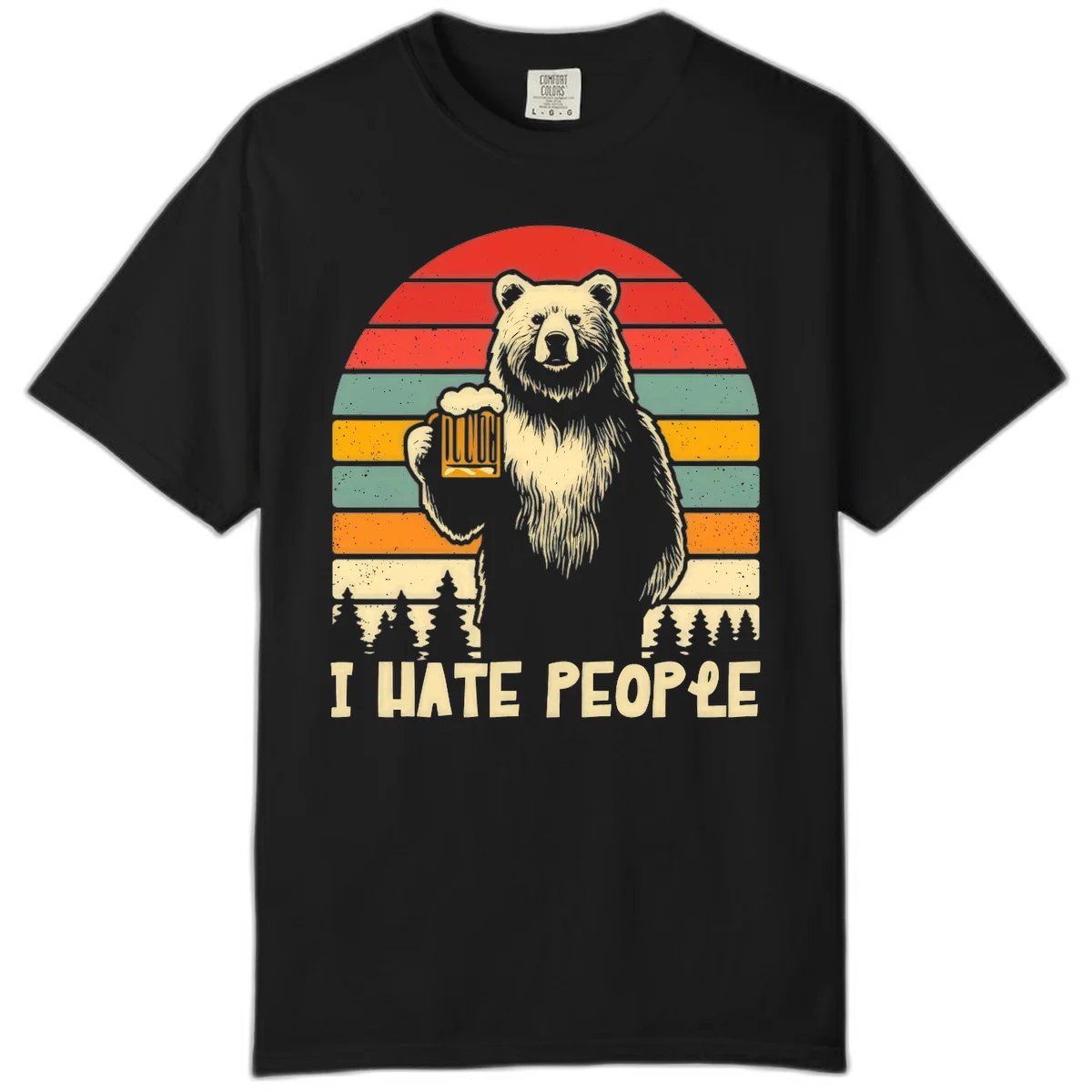 Retro illustration of a grizzly bear holding a beer mug against colorful horizontal stripes with forest and mountain silhouettes, text reads 'I HATE PEOPLE' in Black