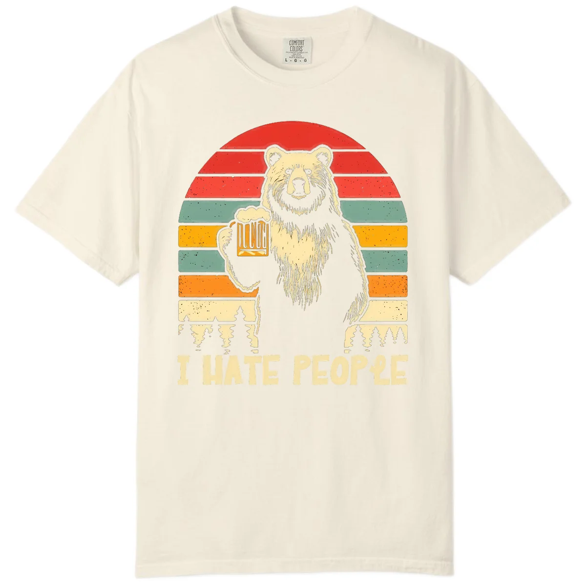 Retro illustration of a grizzly bear holding a beer mug against colorful horizontal stripes with forest and mountain silhouettes, text reads 'I HATE PEOPLE' in Ivory