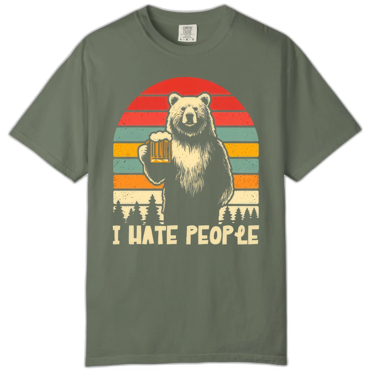 Retro illustration of a grizzly bear holding a beer mug against colorful horizontal stripes with forest and mountain silhouettes, text reads 'I HATE PEOPLE' in Moss