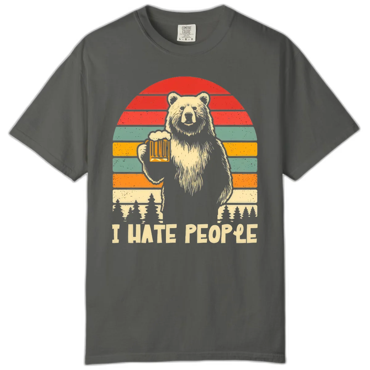 Retro illustration of a grizzly bear holding a beer mug against colorful horizontal stripes with forest and mountain silhouettes, text reads 'I HATE PEOPLE' in Pepper