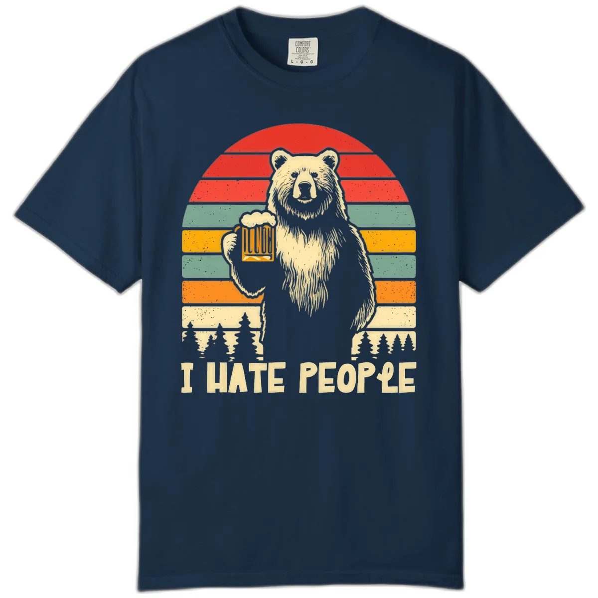 Retro illustration of a grizzly bear holding a beer mug against colorful horizontal stripes with forest and mountain silhouettes, text reads 'I HATE PEOPLE' in True Navy