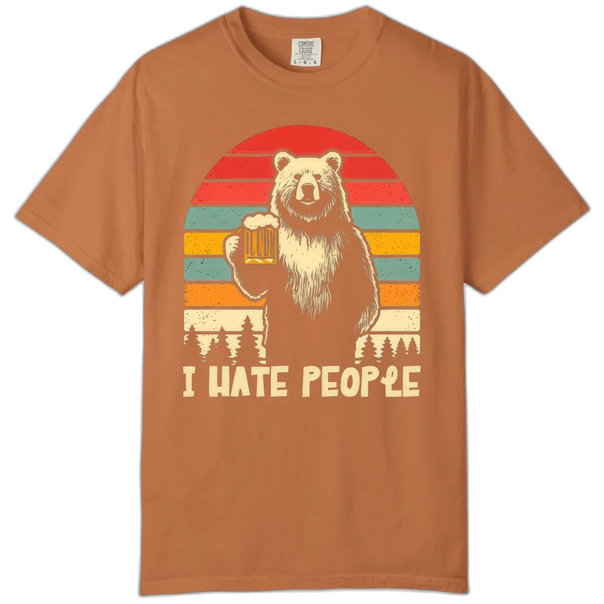 Retro illustration of a grizzly bear holding a beer mug against colorful horizontal stripes with forest and mountain silhouettes, text reads 'I HATE PEOPLE' in Yam