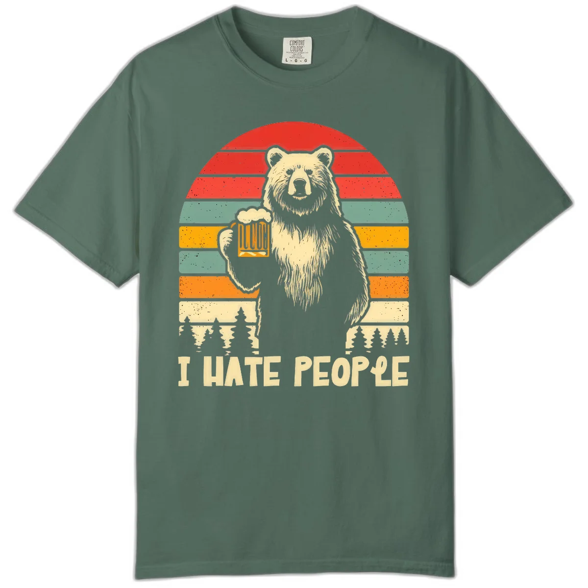 Retro illustration of a grizzly bear holding a beer mug against colorful horizontal stripes with forest and mountain silhouettes, text reads 'I HATE PEOPLE' in Blue Spruce