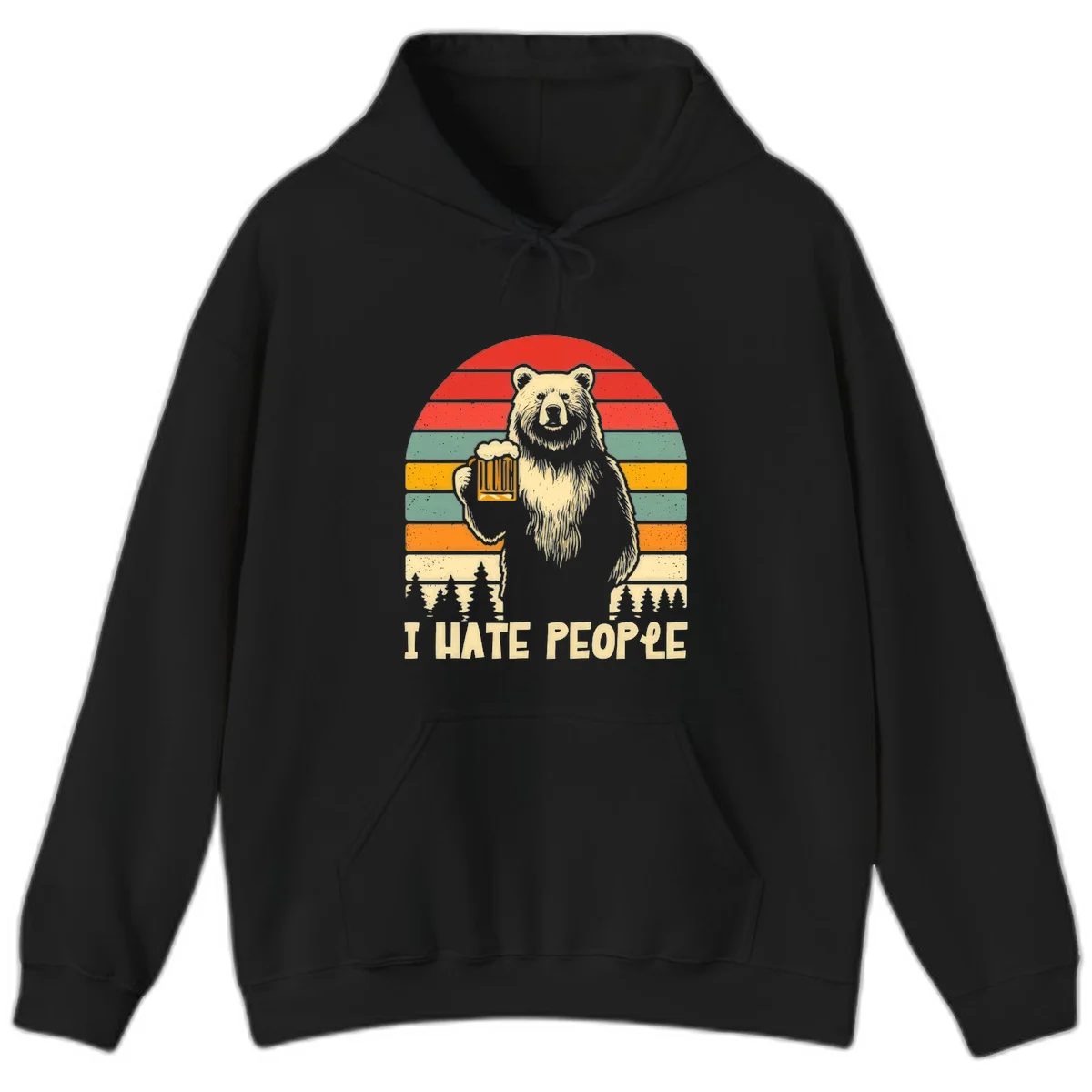 Retro illustration of a grizzly bear holding a beer mug against colorful horizontal stripes with forest and mountain silhouettes, text reads 'I HATE PEOPLE' in Black