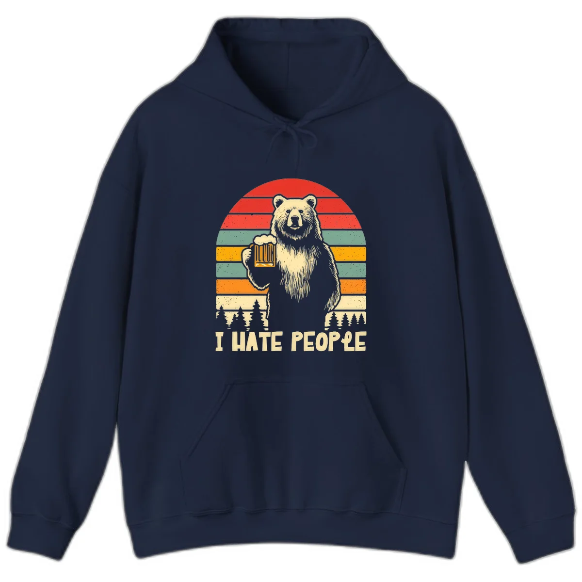 Retro illustration of a grizzly bear holding a beer mug against colorful horizontal stripes with forest and mountain silhouettes, text reads 'I HATE PEOPLE' in Navy