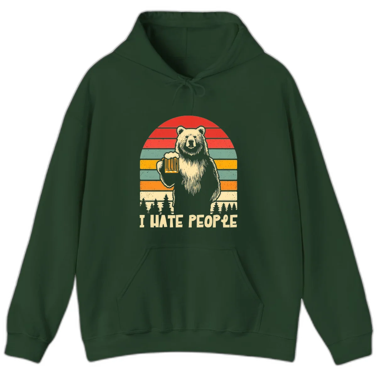 Retro illustration of a grizzly bear holding a beer mug against colorful horizontal stripes with forest and mountain silhouettes, text reads 'I HATE PEOPLE' in Forest Green