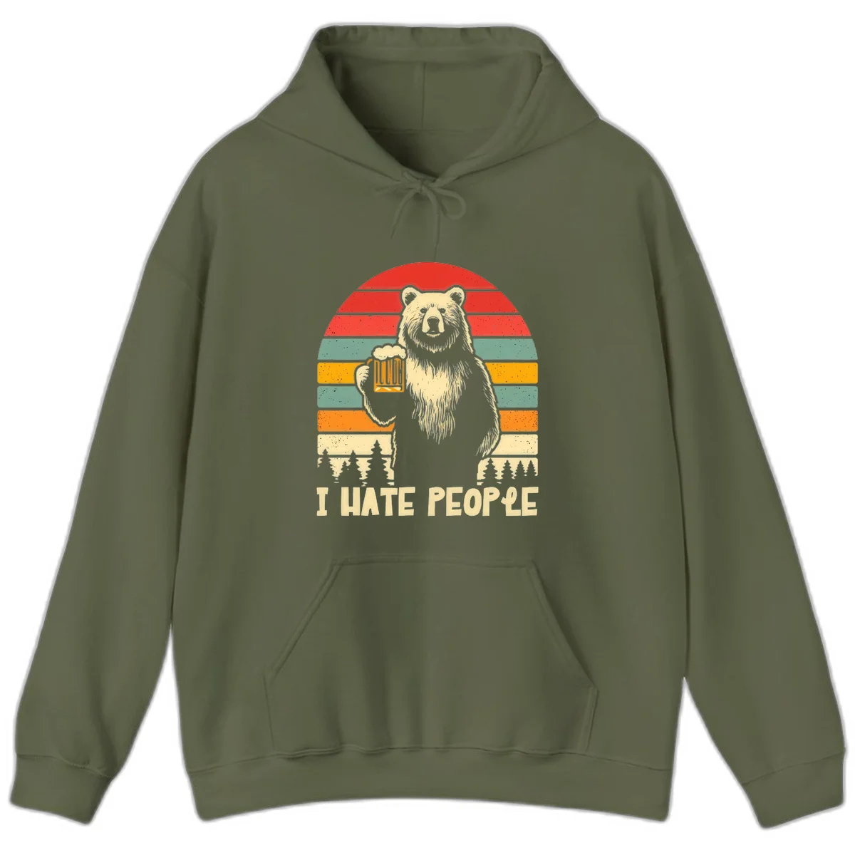 Retro illustration of a grizzly bear holding a beer mug against colorful horizontal stripes with forest and mountain silhouettes, text reads 'I HATE PEOPLE' in Military Green