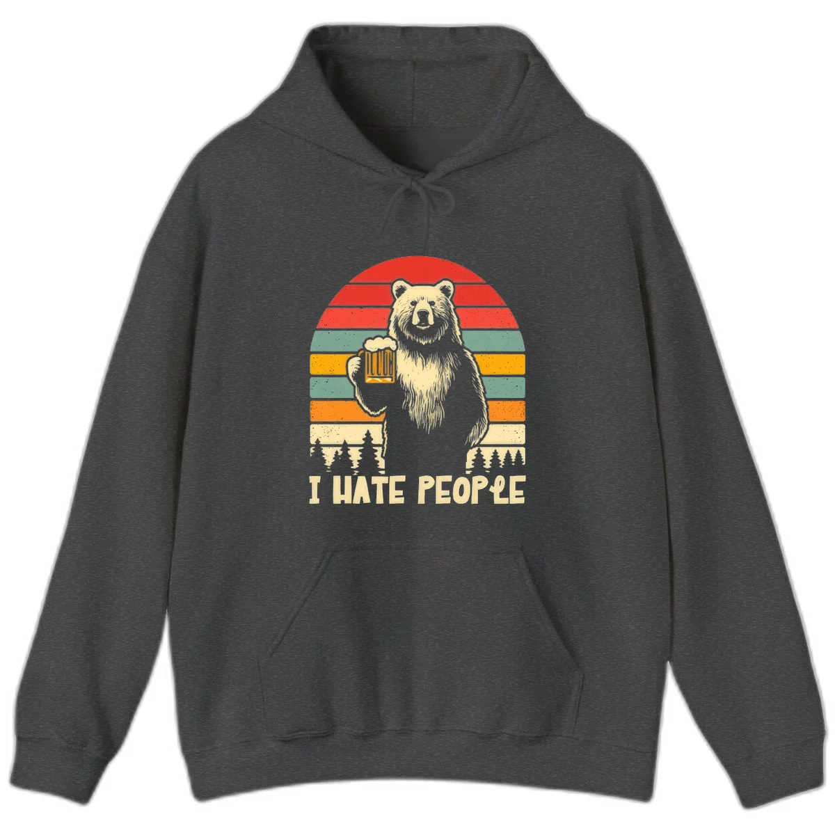 Retro illustration of a grizzly bear holding a beer mug against colorful horizontal stripes with forest and mountain silhouettes, text reads 'I HATE PEOPLE' in Dark Heather