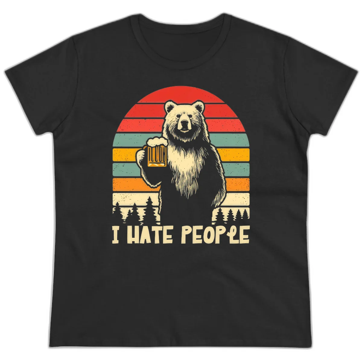 Retro illustration of a grizzly bear holding a beer mug against colorful horizontal stripes with forest and mountain silhouettes, text reads 'I HATE PEOPLE' in Black