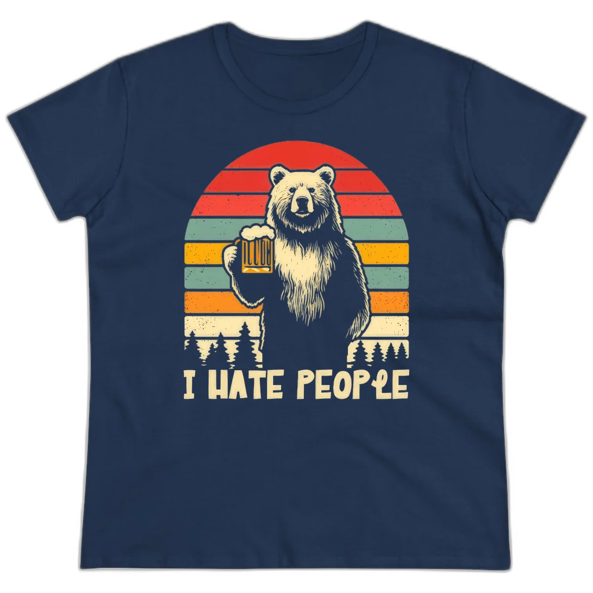 Retro illustration of a grizzly bear holding a beer mug against colorful horizontal stripes with forest and mountain silhouettes, text reads 'I HATE PEOPLE' in Navy