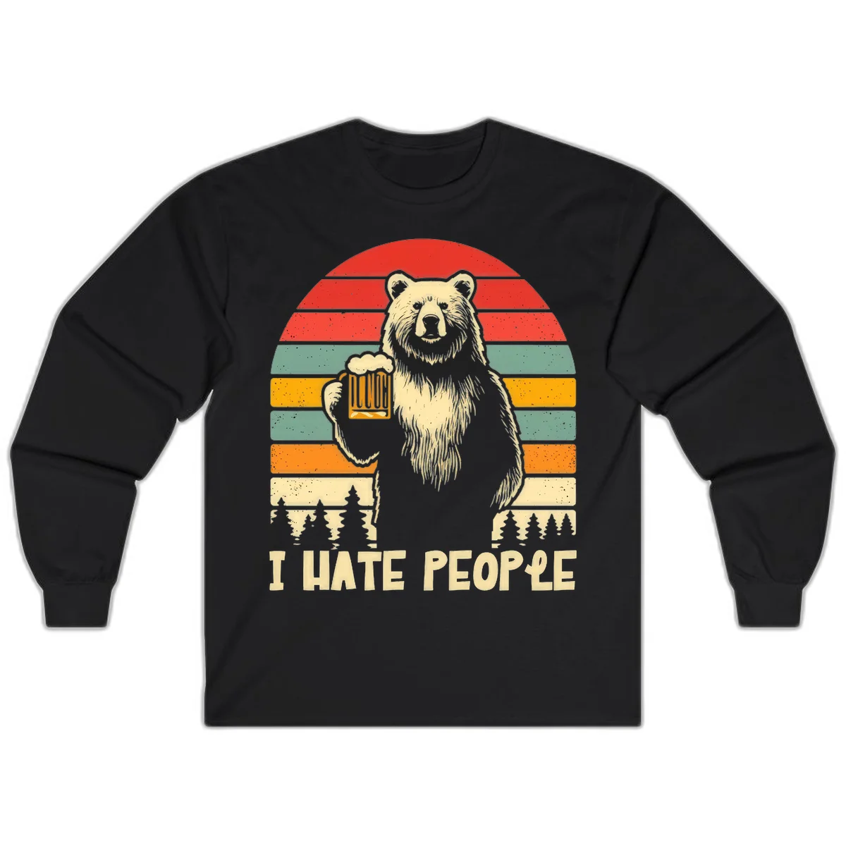 Retro illustration of a grizzly bear holding a beer mug against colorful horizontal stripes with forest and mountain silhouettes, text reads 'I HATE PEOPLE' in Black