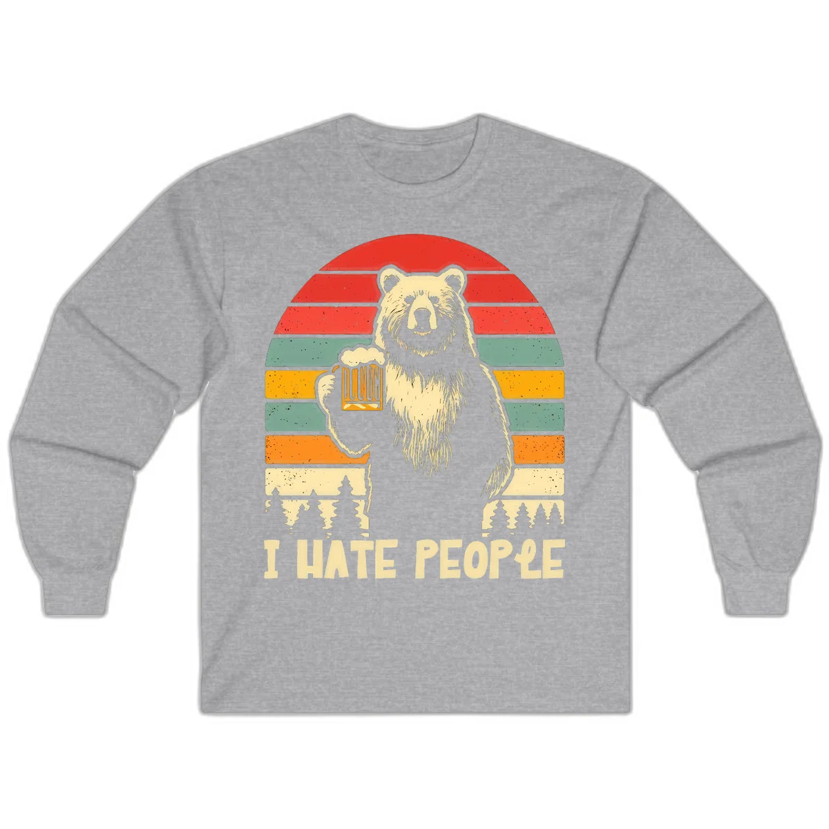 Retro illustration of a grizzly bear holding a beer mug against colorful horizontal stripes with forest and mountain silhouettes, text reads 'I HATE PEOPLE' in Sport Grey