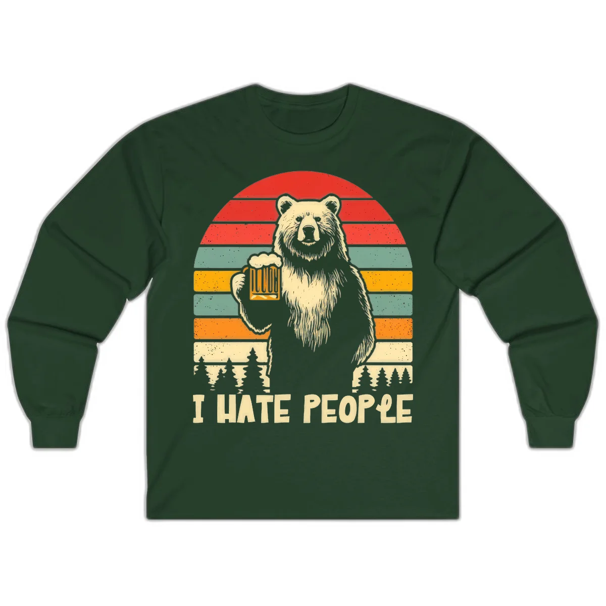 Retro illustration of a grizzly bear holding a beer mug against colorful horizontal stripes with forest and mountain silhouettes, text reads 'I HATE PEOPLE' in Forest Green