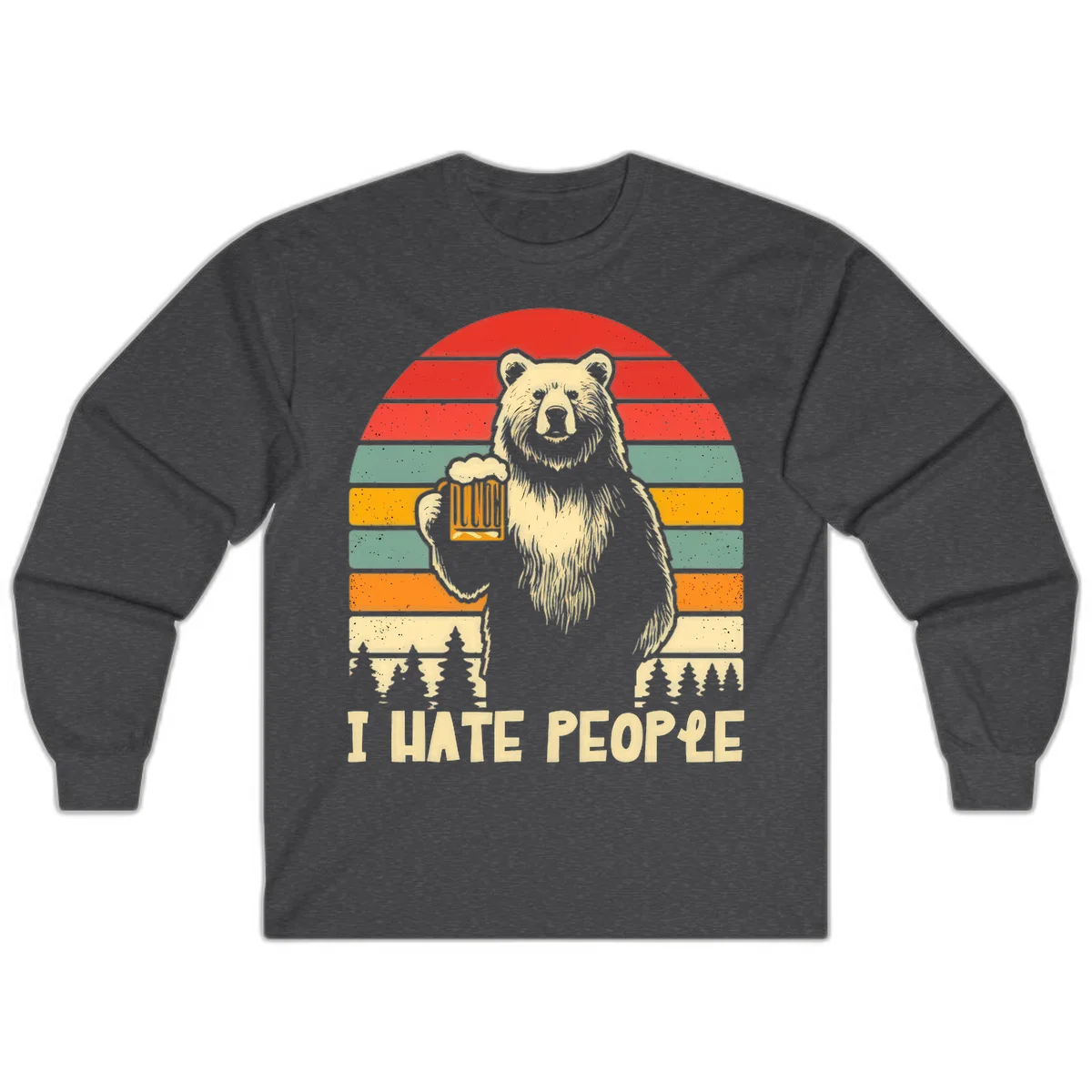 Retro illustration of a grizzly bear holding a beer mug against colorful horizontal stripes with forest and mountain silhouettes, text reads 'I HATE PEOPLE' in Dark Heather