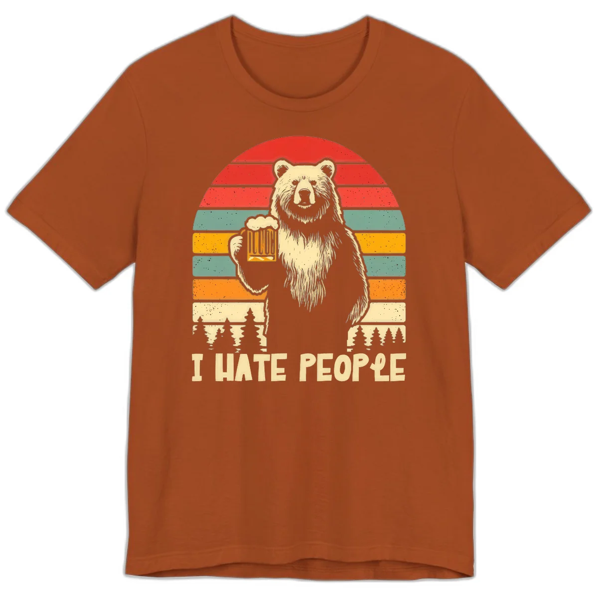 Retro illustration of a grizzly bear holding a beer mug against colorful horizontal stripes with forest and mountain silhouettes, text reads 'I HATE PEOPLE' in Autumn