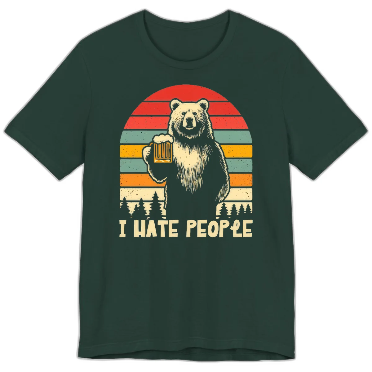 Retro illustration of a grizzly bear holding a beer mug against colorful horizontal stripes with forest and mountain silhouettes, text reads 'I HATE PEOPLE' in Forest