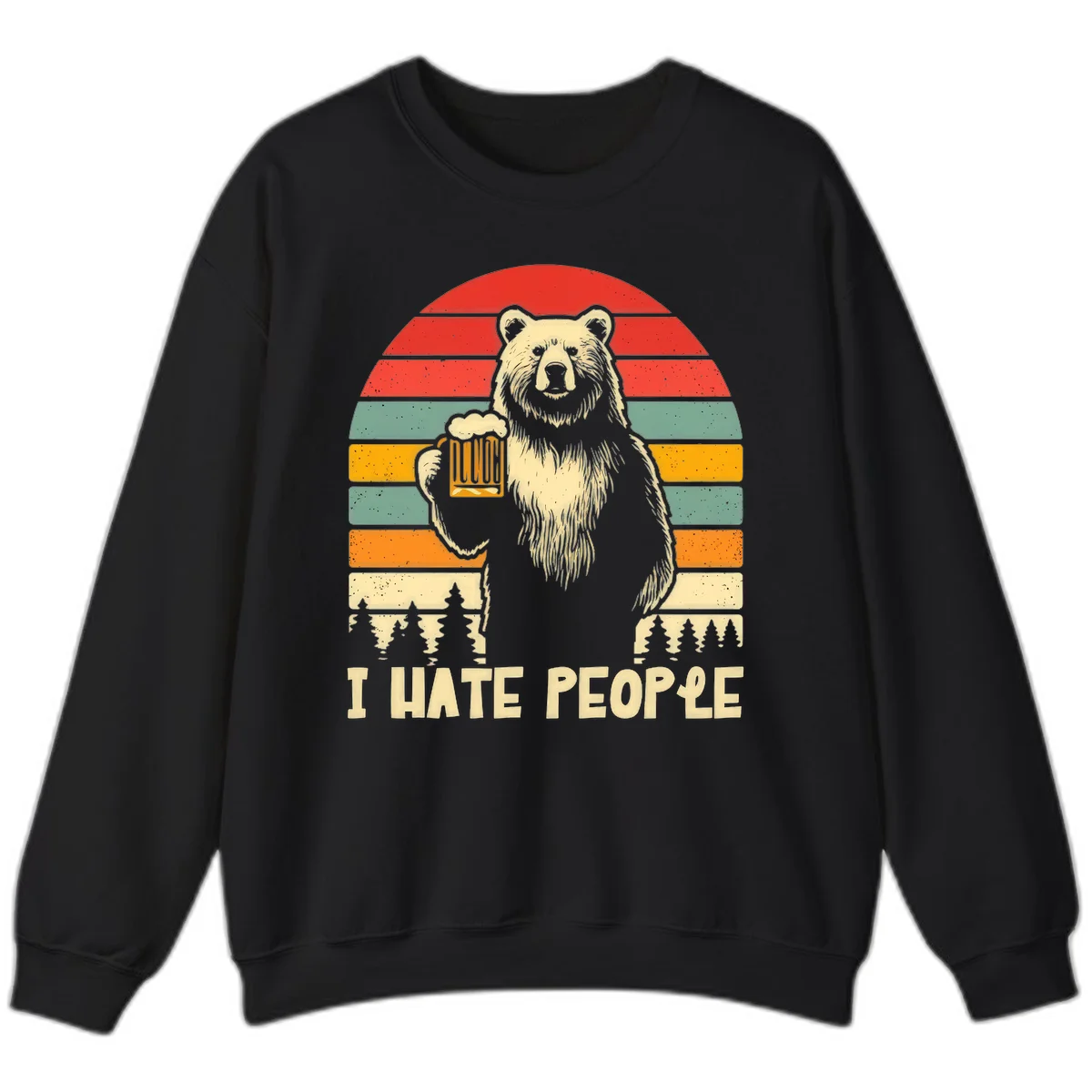 Retro illustration of a grizzly bear holding a beer mug against colorful horizontal stripes with forest and mountain silhouettes, text reads 'I HATE PEOPLE' in Black